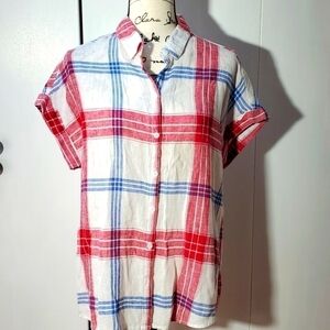 Beach Lunch Lounge - Womens Linen Red, White, Blue Plaid Beachy Top Sz.Large